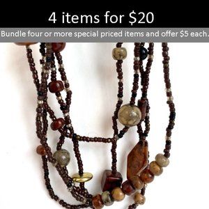 Layered 5 Strand Multi-Shaped Brown Gray Olive Black silver Seed Bead Necklace